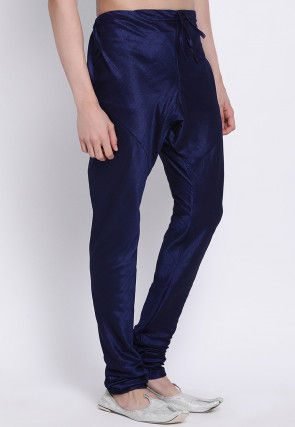 Solid Color Dupion Silk Churidar in Navy Blue