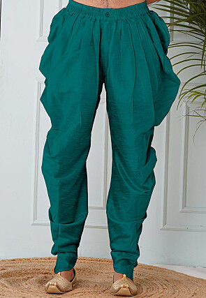 Solid Color Dupion Silk Dhoti in Teal Green