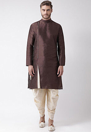 Solid Color Dupion Silk Dhoti Kurta in Brown