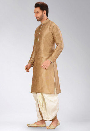 Solid Color Dupion Silk Dhoti Kurta in Dark Beige