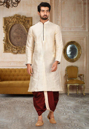 Solid Color Dupion Silk Dhoti Kurta in Light Beige