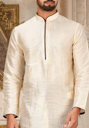 Solid Color Dupion Silk Dhoti Kurta in Light Beige