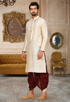 Solid Color Dupion Silk Dhoti Kurta in Light Beige