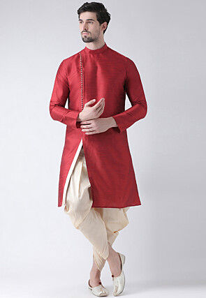 Solid Color Dupion Silk Dhoti Kurta in Maroon
