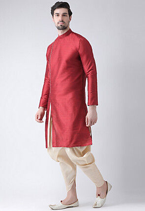Solid Color Dupion Silk Dhoti Kurta in Maroon