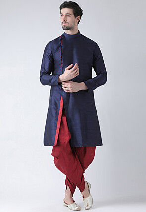 Solid Color Dupion Silk Dhoti Kurta in Navy Blue
