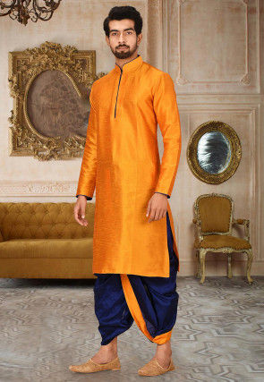 Solid Color Dupion Silk Dhoti Kurta in Orange