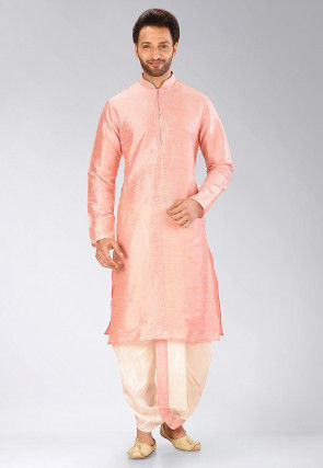 Solid Color Dupion Silk Dhoti Kurta in Peach