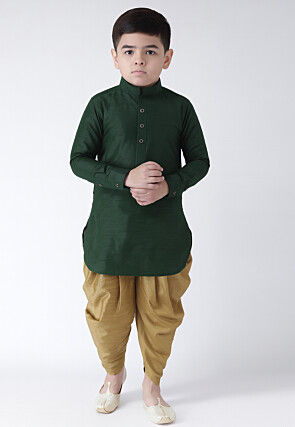 Solid Color Dupion Silk Kurta Set in Dark Green