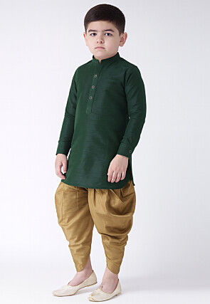 Solid Color Dupion Silk Kurta Set in Dark Green