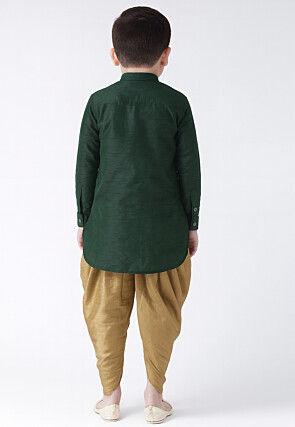 Solid Color Dupion Silk Kurta Set in Dark Green