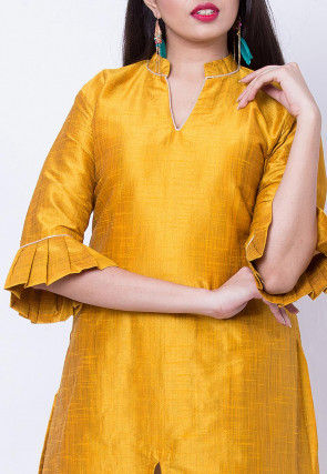 Solid Color Dupion Silk Front Slit Kurta in Mustard