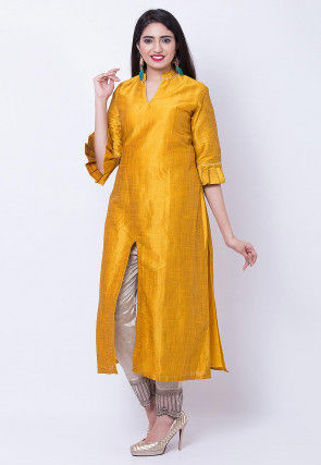 Solid Color Dupion Silk Front Slit Kurta in Mustard
