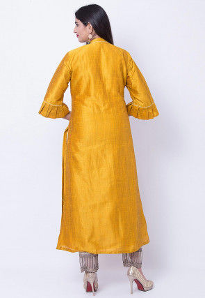 Solid Color Dupion Silk Front Slit Kurta in Mustard