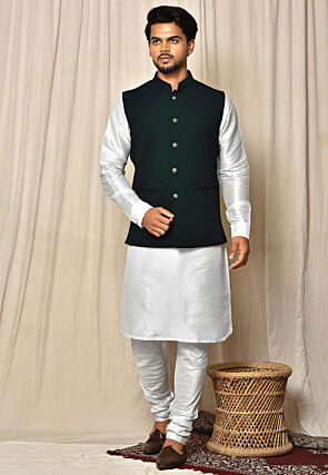 Solid Color Dupion Silk Jacket Kurta Set in White