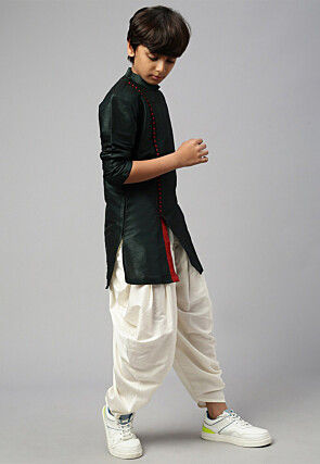 Solid Color Dupion Silk Kurta Dhoti Set in Dark Green