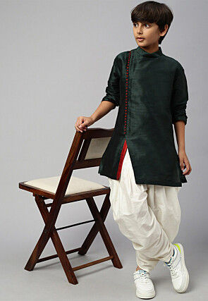 Solid Color Dupion Silk Kurta Dhoti Set in Dark Green