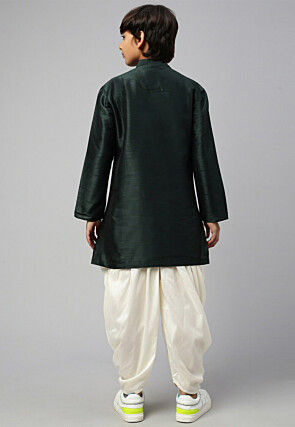 Solid Color Dupion Silk Kurta Dhoti Set in Dark Green