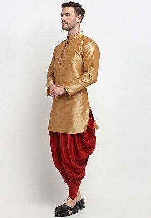 Solid Color Dupion Silk Kurta Dhoti Set in Golden