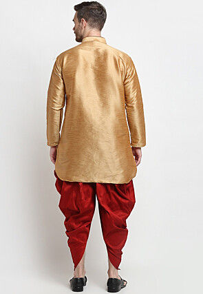 Solid Color Dupion Silk Kurta Dhoti Set in Golden