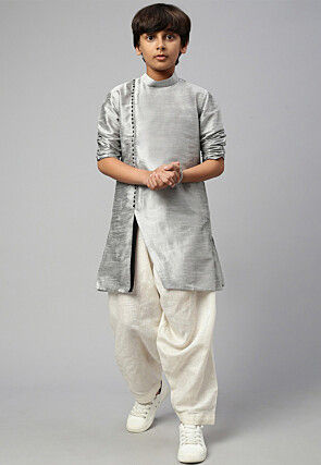 Solid Color Dupion Silk Kurta Dhoti Set in Grey