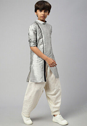 Solid Color Dupion Silk Kurta Dhoti Set in Grey