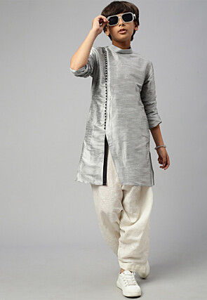 Solid Color Dupion Silk Kurta Dhoti Set in Grey