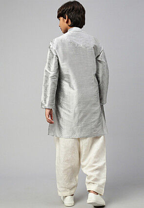 Solid Color Dupion Silk Kurta Dhoti Set in Grey