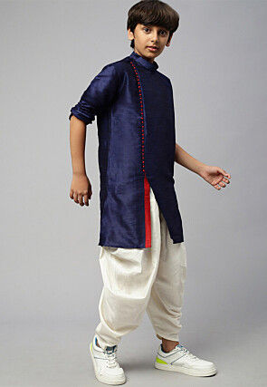 Solid Color Dupion Silk Kurta Dhoti Set in Navy Blue
