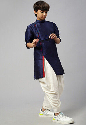 Solid Color Dupion Silk Kurta Dhoti Set in Navy Blue