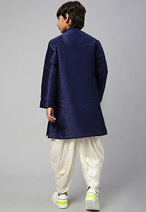 Solid Color Dupion Silk Kurta Dhoti Set in Navy Blue