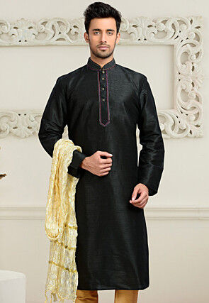 Solid Color Dupion Silk Kurta in Black
