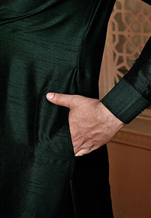 Solid Color Dupion Silk Kurta in Dark Green