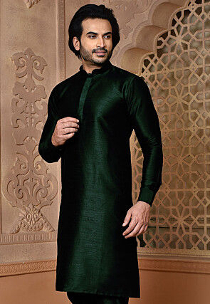 Solid Color Dupion Silk Kurta in Dark Green