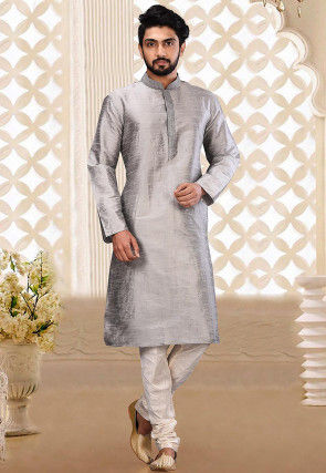 Solid Color Dupion Silk Kurta in Grey