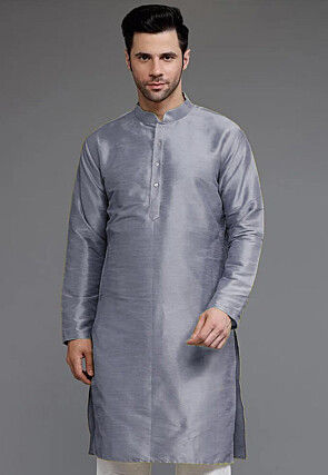 Solid Color Dupion Silk Kurta in Grey