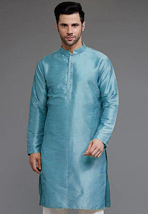 Solid Color Dupion Silk Kurta in Light Blue