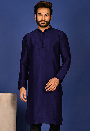 Solid Color Dupion Silk Kurta in Navy Blue
