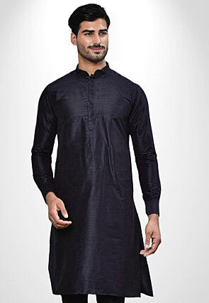 Solid Color Dupion Silk Kurta in Navy Blue