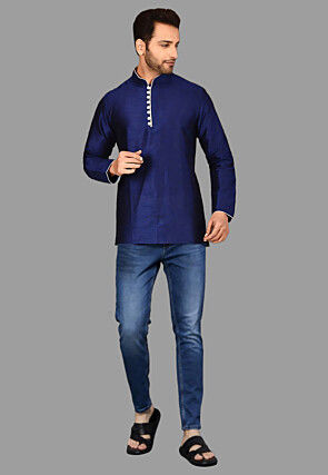 Solid Color Dupion Silk Short Kurta in Navy Blue