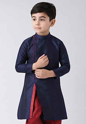 Solid Color Dupion Silk Kurta in Navy Blue