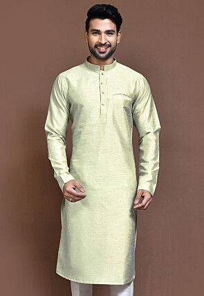 Solid Color Dupion Silk Kurta in Olive Green