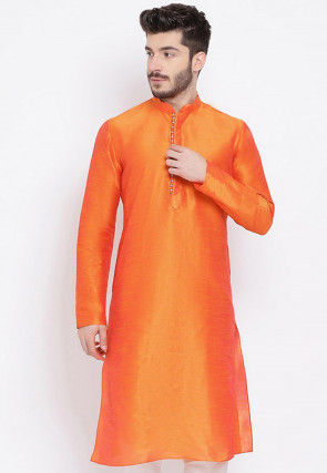 Solid Color Dupion Silk Kurta  in Orange