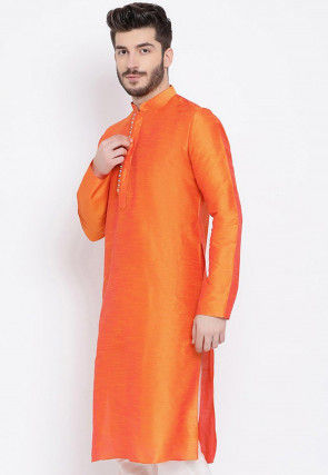 Solid Color Dupion Silk Kurta  in Orange