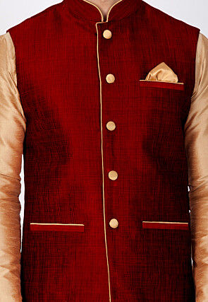 Solid Color Dupion Silk Kurta Jacket Set in Beige