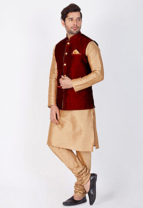 Solid Color Dupion Silk Kurta Jacket Set in Beige