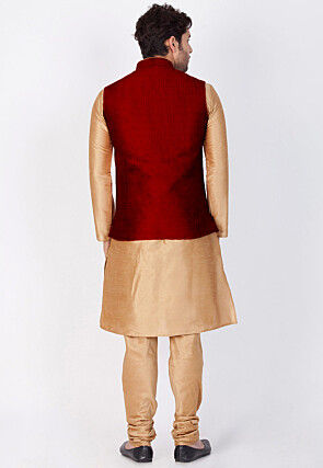 Solid Color Dupion Silk Kurta Jacket Set in Beige