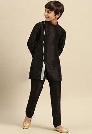 Solid Color Dupion Silk Kurta Pyjama Set in Black