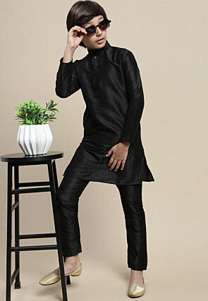 Solid Color Dupion Silk Kurta Pyjama Set in Black