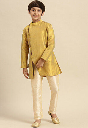 Solid Color Dupion Silk Kurta Pyjama Set in Golden